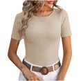 thumbnail image 1 of AherBiu Hauts Courts pour Femmes Col Ras du Cou Manches Courtes Ajusté Blouse en Tricot Côtelé Hauts de Sortie pour Femmes, 1 of 3