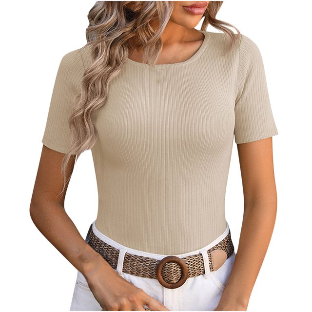 AherBiu Hauts Courts pour Femmes Col Ras du Cou Manches Courtes Ajusté Blouse en Tricot Côtelé Hauts de Sortie pour Femmes