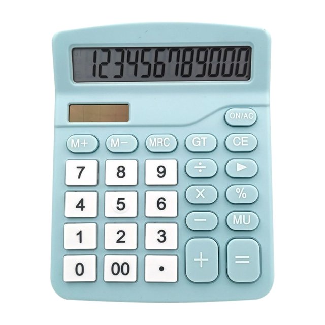 Desk Calculator Large Display Calculator Dual-Power Handheld Desk Calculator with 12 Digit Large LCD Display for Students & Kids. The calculator features a light blue body made of rubber plastic, a large 12-digit LCD screen, and responsive white buttons with black and blue markings. It includes dual power functionality with a solar panel and battery option (battery not included). Suitable for basic calculations such as addition, subtraction, multiplication, division, and more. Dimensions are 14.8x12x4.8cm (5.83x4.72x1.89in).