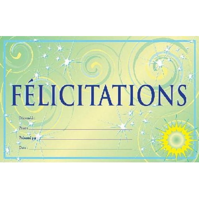 Certificats Français Intitulés « Félicitations » en Texte Bleu sur Fond Vert Pâle avec Motifs de Tourbillon Jaune et d'Éclatement d'Étoiles Blanches, Chacun de 8 1/2 par 5 1/2 Pouces, avec Lignes pour les Détails du Récipiendaire, Vendus en Lot de 32 pour Reconnaître les Réalisations.
