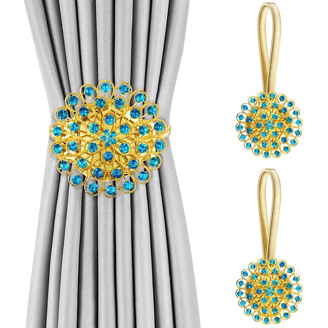 Attaches de Rideaux en Cristal, 2 Pack Attaches de Rideaux Style Étoile Clips Diamant avec Corde Extensible pour Décoration Maison Bureau