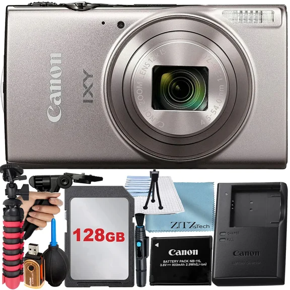 Canon PowerShot IXY 650 (ELPH 360) HS Digital Camera (Silver) with 12x Optical Zoom Lens + 128GB Memory Card + Tripod + ZeeTech Basic Bundle