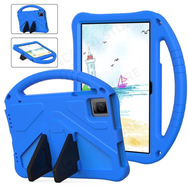 Portable Funda with rear kickstand for Acer Iconia Tab P10 10.4-inch tablet. EVA foam shockproof protector case with patchwork design, ergonomic handle, and built-in kickstand for hands-free use. Perfect for kids' safety and tablet protection, categorized under Android tablet accessories.