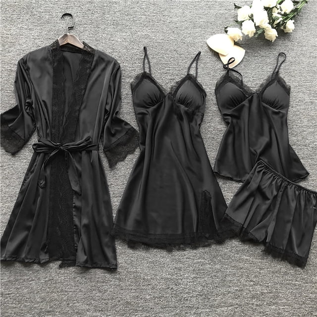 LSLJS Lingerie Femmes Robe en Soie et Dentelle Robe de Nuit Tenue de Sommeil Nuisette Ensemble de Pyjama, Peignoirs Cadeaux pour Femmes