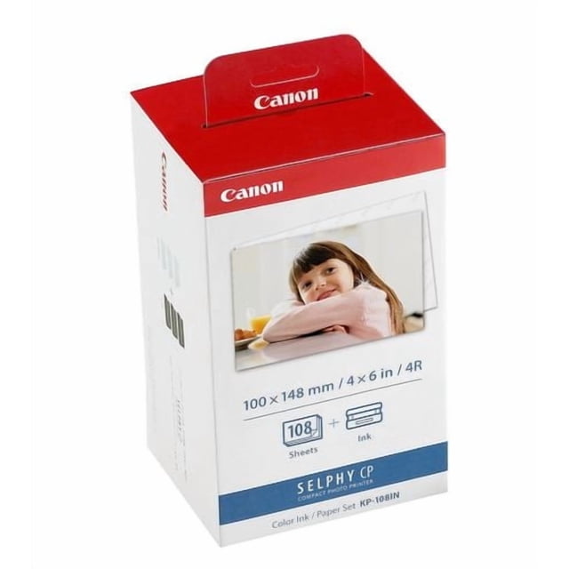 Canon KP-108IN 4" x 6" Colour Photo Paper & Ink Kit box with red and white packaging, showing a 4x6 inch sample photo print on the front, containing 108 sheets of fade-resistant photo paper and ink cartridges for compact Canon photo printers.
