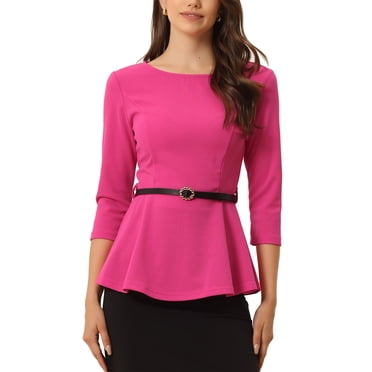INSPIRE CHIC Hauts à Basque pour Femmes Manches 3/4 Enseignante Ceinturée Blouse Élégante de Travail de Bureau TG Rose Vif