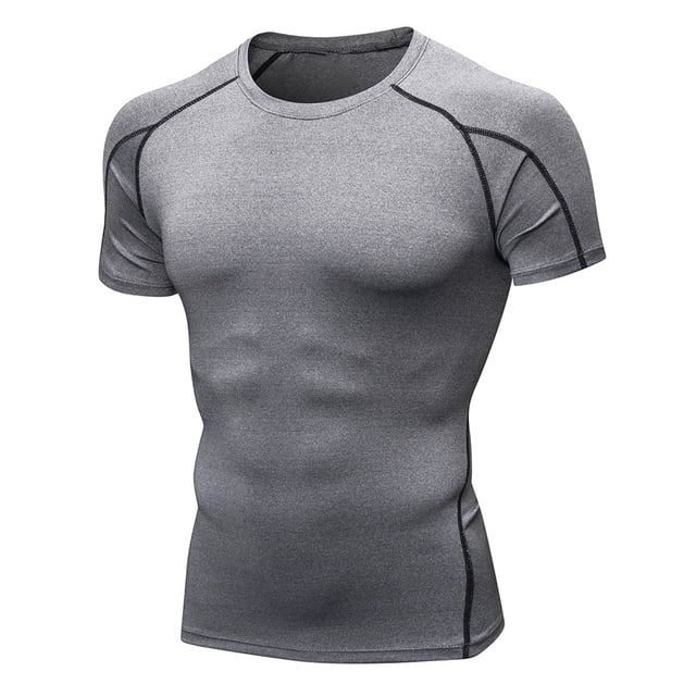 cfhntfmh Men's Shirt Short Sleeve Athletic Base Layer Sports T Shirts Workout Tops for Men Summer Basic Tee in grey. This short-sleeve athletic shirt features a crewneck design with visible black stitching accents. Made from soft, breathable fabric with quick-dry and moisture-wicking properties, it is ideal for workouts, running, hiking, and other physical activities. The fitted design provides muscle support as a base layer, enhancing performance during exercise.