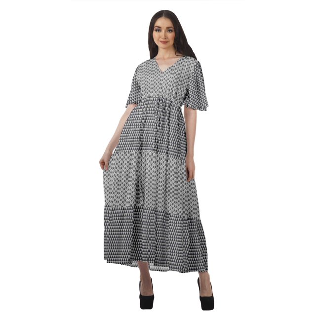 Moomaya Robes d'Été Imprimées à Manches Courtes pour Femmes, Tenue de Fête Décontractée