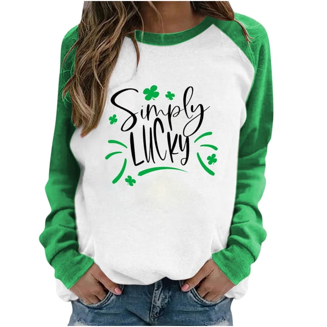 Pompotops Women's Spring Patchwork St. Patrick's Day Printed Long Sleeves Round Neck Casual Tee Tops