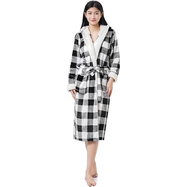 Sunny Forrest Metro Check Hooded Robe with Pockets - Black Checker (CA/US, Alpha, Large, X-Large, Regular, Regular, BLACKCHECKER/WHITE)