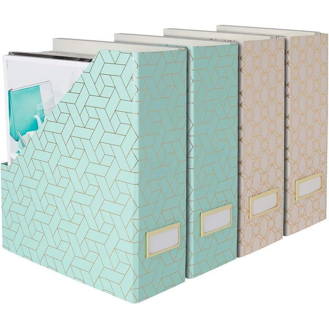 BLU MONACO Set of 4 Foldable Cute Magazine File Holders with Gold Label Holders \u2013 2 Pink & 2 Aqua with Fun Gold Geometric Patterns \u2013 Stylish & Durable Magazine Storage for Home & Office