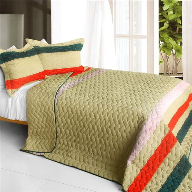 QTS01135-23 Rose Life - Ensemble de Courtepointe Patchwork 3 Pcs Format Double et Grand - Brun