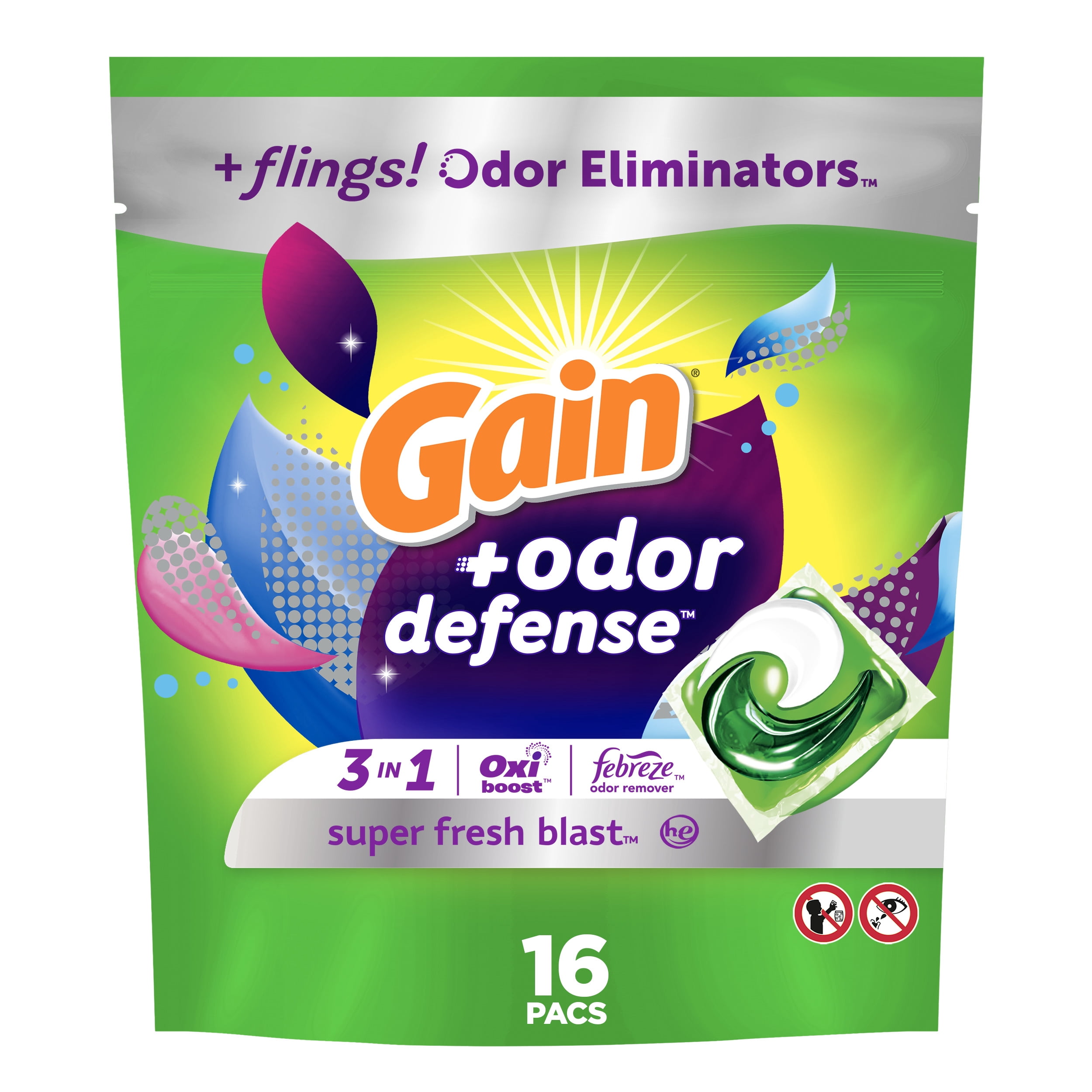 Gain Flings Laundry Detergent Pacs, Super Fresh Blast Scent, with Odour Defense, 15 Count