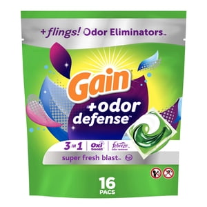 Gain Flings Laundry Detergent Pacs, Super Fresh Blast Scent, with Odour Defense, 15 Count