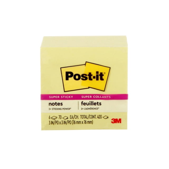 Post-it® Notes Super Collantes 654-6SSCY, Jaune Canari, six Blocs de 70 Feuilles Chacun Mesurant 3 par 3 Pouces (76 mm par 76 mm), avec Adhésif Extra-Fort pour une Adhérence Fiable et un Retrait Propre sur Diverses surfaces Intérieures, avec des logos Post-it et 3 m sur l'Emballage.