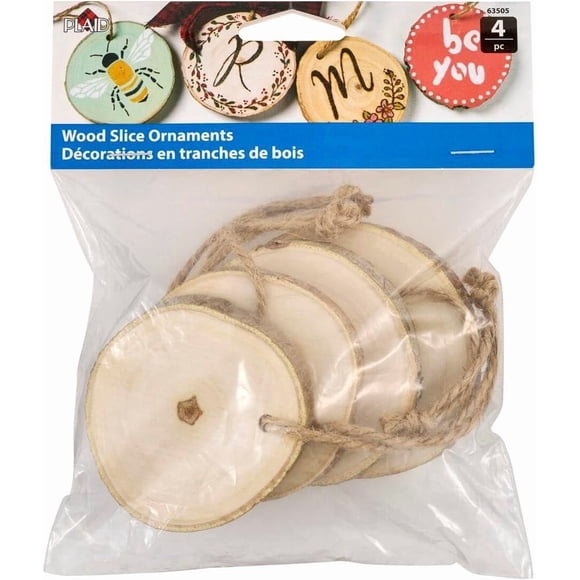 Plaid Unfinished Wood Round Ornaments, Set of 4