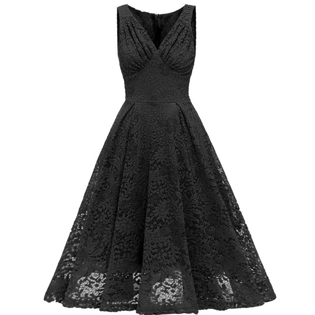 HKEJIAOI Liquidation d'Économies Robe de Bal Cadeau de la Saint-Valentin Femme Col en V Dentelle à Blocs de Couleur Drapée Patchwork Mignonne Robe de Soirée Formelle Noire