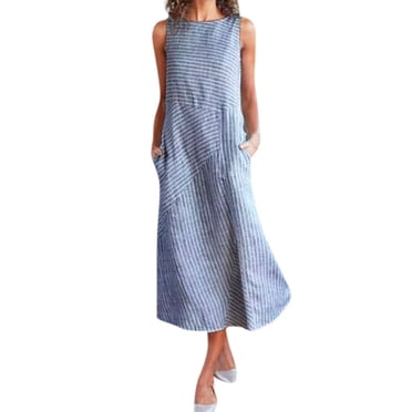 Meichang Robes d'Été Décontractées en Coton et Lin pour Femmes, Robes Midi Sans Manches à Rayures, Col Ras du Cou, Poches, Coupe Ample et Fluide, Robes Décontractées de Plage et de Vacances, Bleu TTG