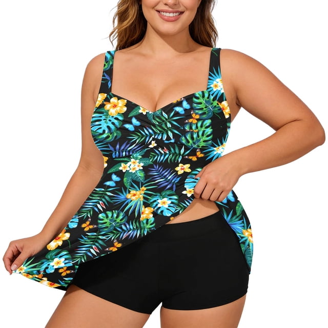 Riforla Swimsuits for Women Plus Size Tankini Swim Top with Supportive Underwire Adjustable Straps Print or Solid Color Swimming Suits for Women Blue2 XXL