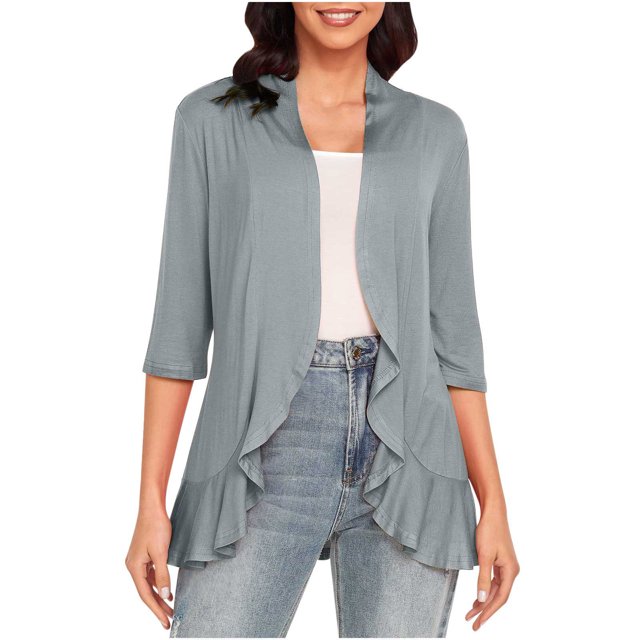 Hauts à Manches 3/4 pour Femmes Mode Décontractée Confortable Cardigan Couleur Unie Blouse Cardigan à Manches 3/4 pour Femmes Blouses et Hauts Mode Hauts pour Femmes Manches 3/4