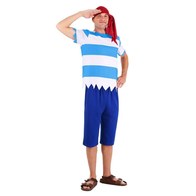 Costume de Premier Compagnon pour Homme avec Chandail à Manches Courtes à Enfiler, Rayures Horizontales Bleues et Blanches et Ourlet Dentelé, Assorti à des shorts Bleus Longueur Genou avec Taille Élastique. Comprend une Foulard Triangulaire Rouge Nouée Autour de la Tête. Fait de 100 % polyester, Idéal pour les Événements à Thème pirate Ou Peter Pan.