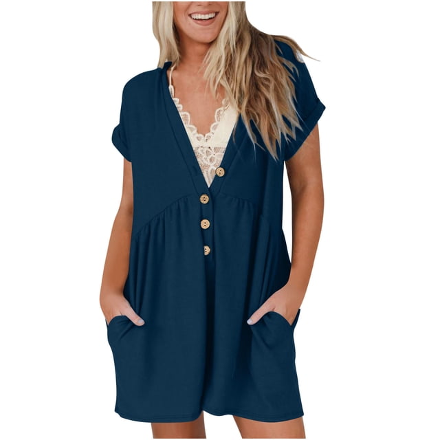 AherBiu Wide Leg Jumpsuits for Women Short Sleeve Half Button V Neck Short Rompers 1 Piece Summer Outfits