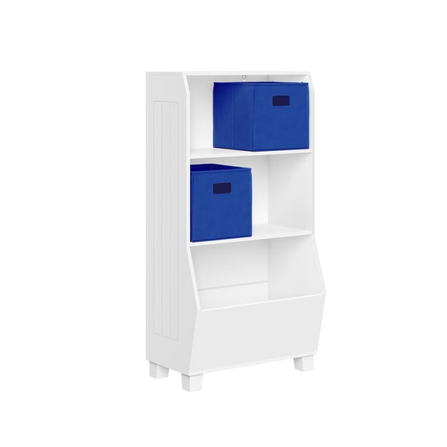 Kids 23" Bookcase with Toy Organizer and 2 Bins in white painted MDF featuring two open shelves with blue fabric storage bins and a large bottom veggie bin for toy storage, ideal for organizing books, games, and puzzles in a child's playroom.