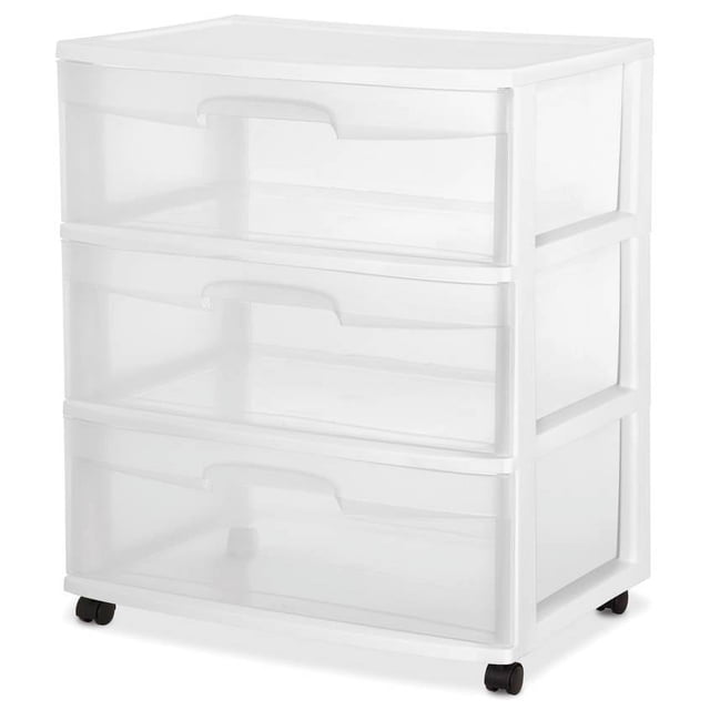 Sterilite Wide 3 Drawer Cart in white with three clear plastic drawers featuring ergonomic integrated handles, mounted on black casters for easy mobility, suitable for organizing household items in bedrooms, kitchens, or craft rooms.