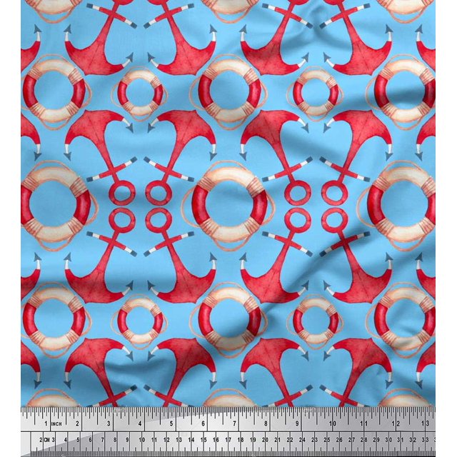 Soimoi Blue Rayon Fabric Life Ring & Anchor Hook Nautical Printed Fabric 1 Yard 42 Inch Wide