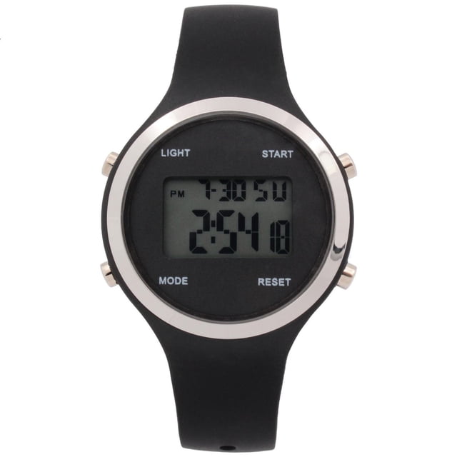 Unisex Sleek Digital Watch – Black Silicone with Silver Trim featuring a round digital display with time, date, and PM indicator, black silicone strap, polished silver bezel, and four side buttons for light, start, mode, and reset functions including alarm chrono and stopwatch, suitable for everyday sporty wear.