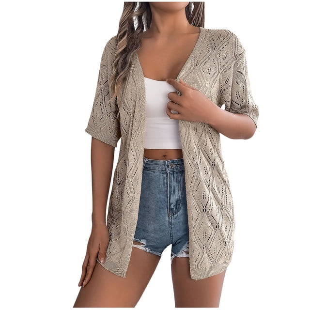 Timegard Womens Summer Tops Short Sleeve Hollow out Cover up Boho Open Front Knitted Cardigan Beach Wear