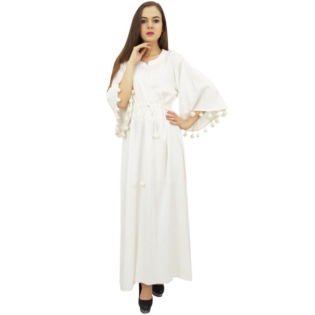 Bimba Robe Maxi Décontractée pour Femme à Manches Évasées avec Pompons, Blanc Cassé, avec Foulard - 6