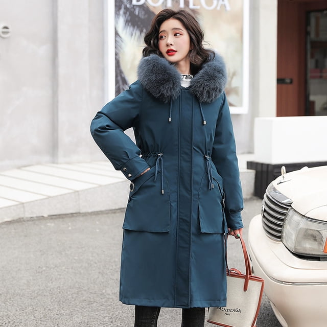 Ladies long down cotton winter warm jacket coat with detachable plush lining