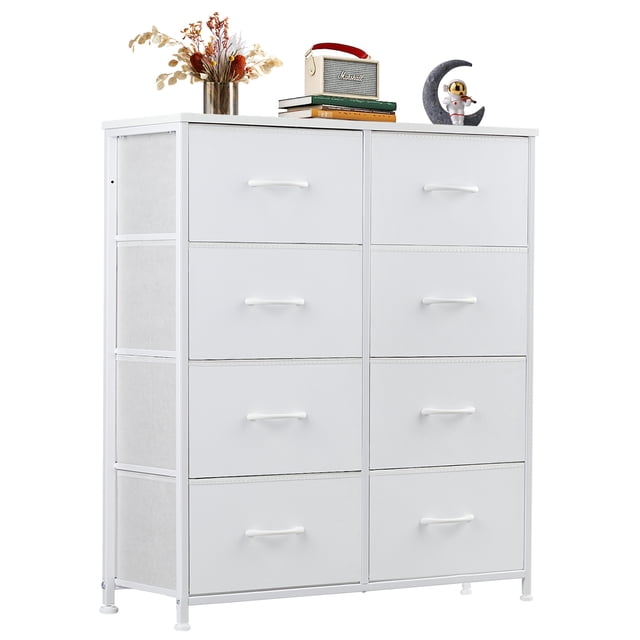 EDX Commode à 8 Tiroirs pour Chambre, Tour d'Organisation de Rangement en Tissu Blanc avec Cadre en Acier Renforcé et Dessus en Bois Robuste. Comprend des Tiroirs Spacieux pour l'Intimité, des Patins de Pieds Ajustables pour la Stabilité sur les Planchers Irréguliers, et une installation Facile avec les Outils Inclus. Convient aux Chambres Ou aux Salons, et Peut Aussi Servir de Meuble Télé compact. design Moderne Qui Complète Divers styles de Déco.