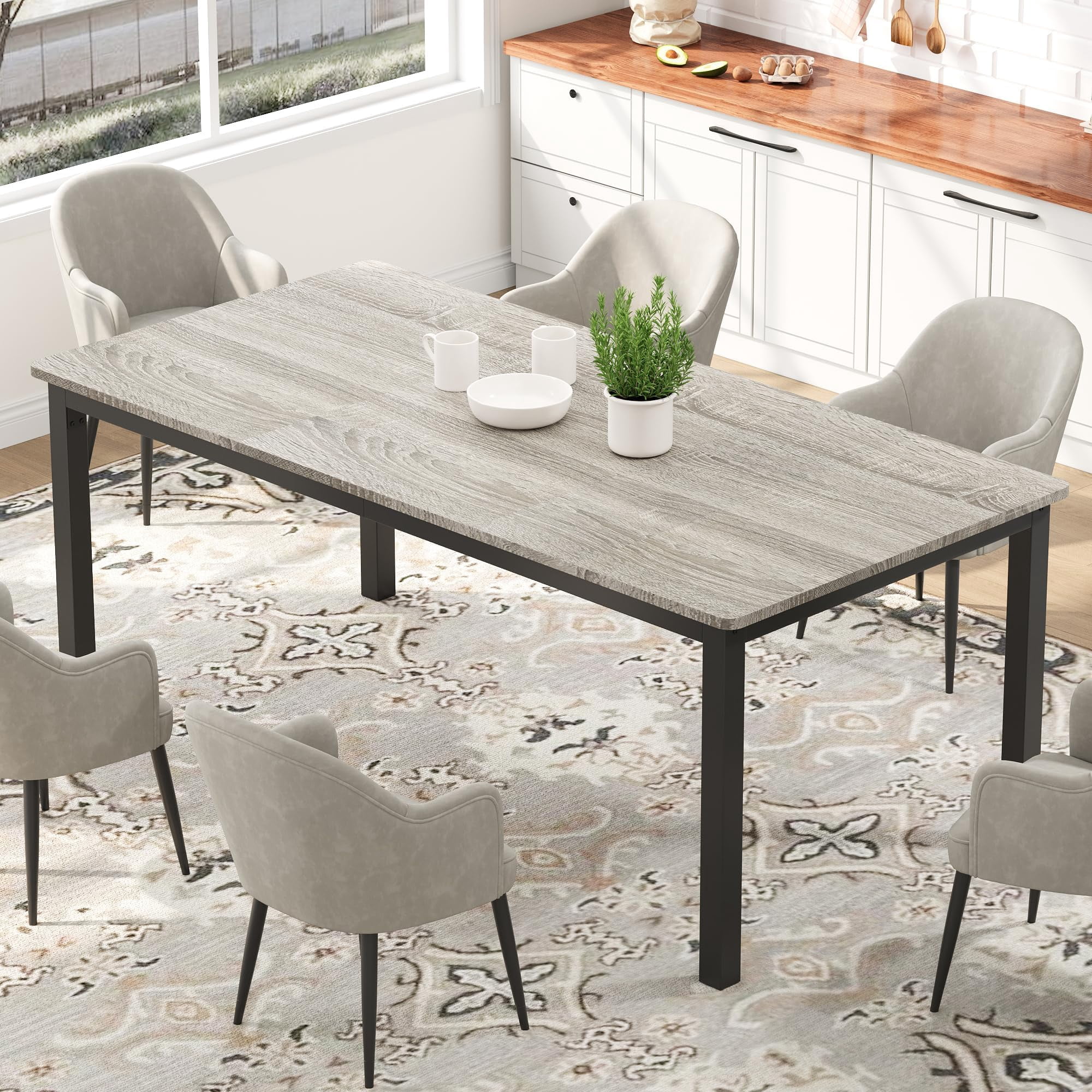 Kojooin Long Dining Table for 6 People, Large Rectangle Wood Kitchen Table with Sturdy Metal Legs, Modern Industrial Dining Room Table with Round Corner