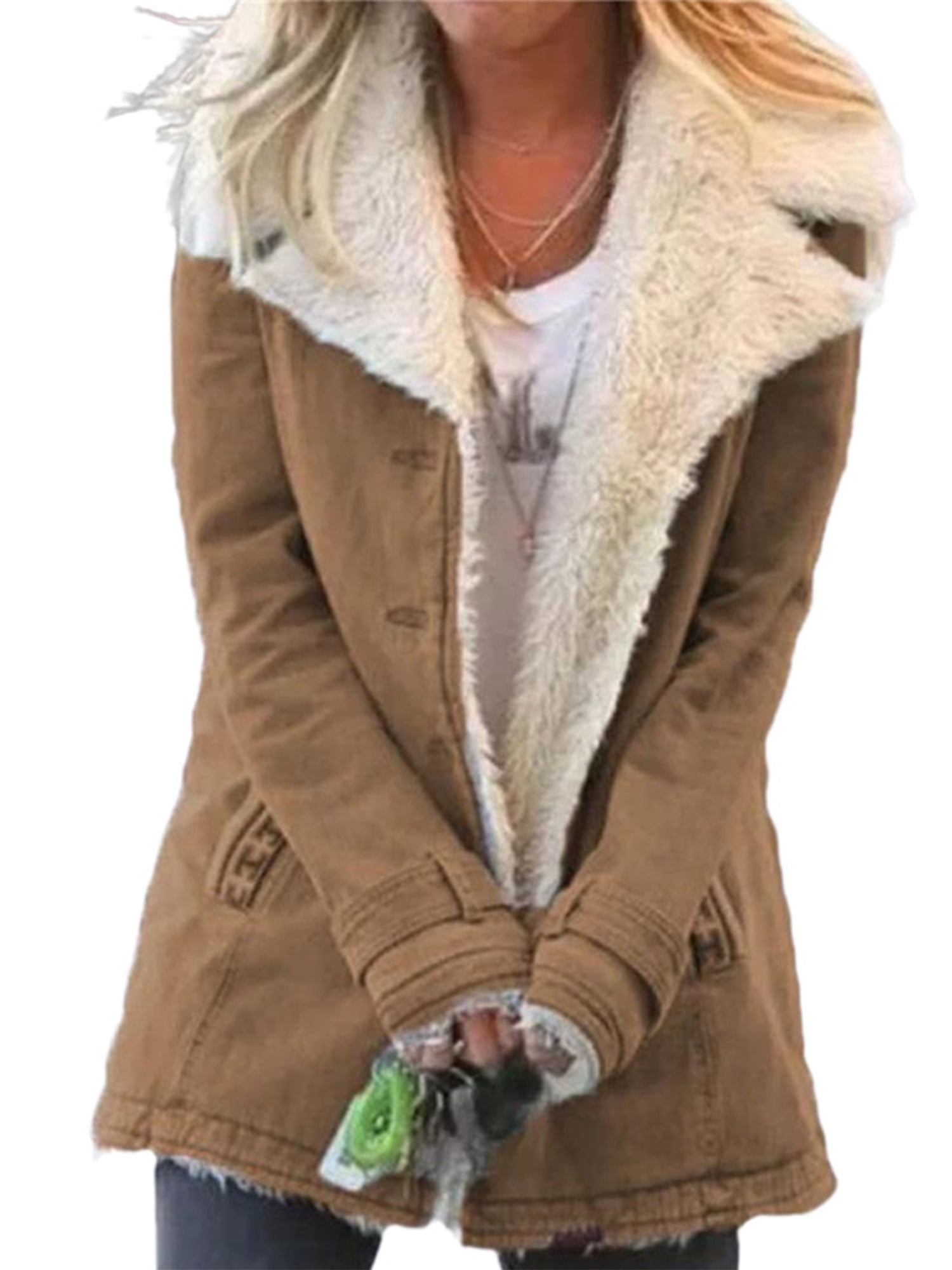 Innerwin Jacket Long Sleeve Ladies Coat Winter Warm Solid Color Thicken Plush Overcoats Khaki 5XL
