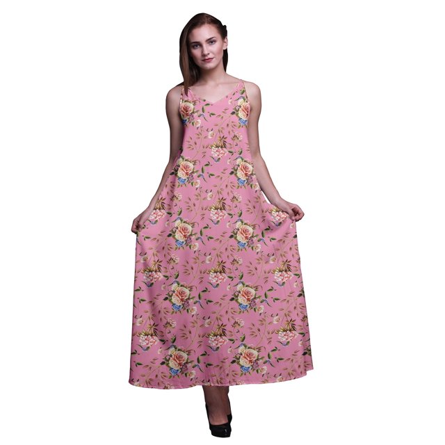 Bimba Robe Longue Maxi de Soirée pour Femmes en Rayonne à Imprimé Floral, Dos Nu, à Bretelles Spaghetti - Très Petit