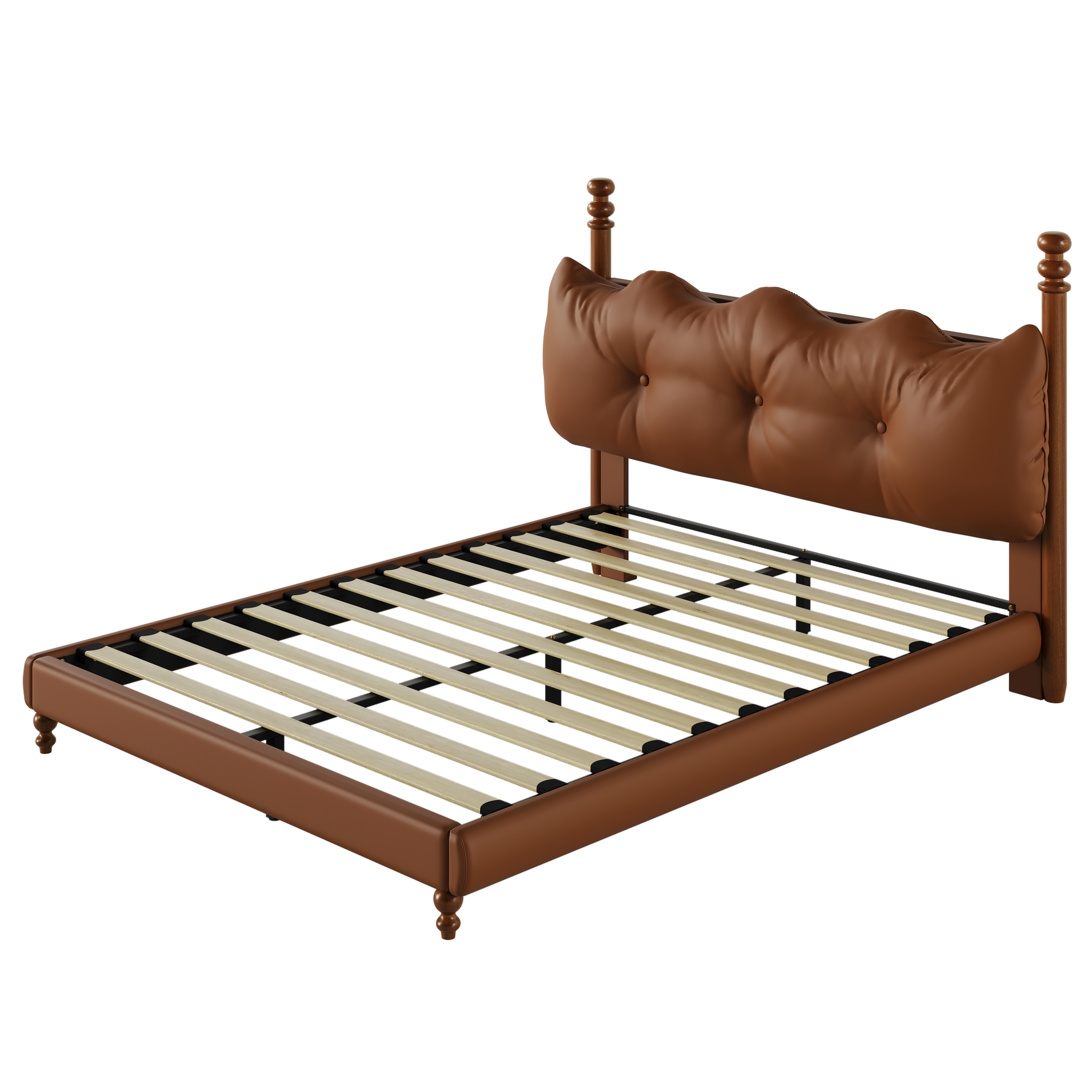 Noble House Lit Plateforme Grand Rembourré avec Tête de Lit, Cadre de Lit en Cuir PU avec Poteaux en Bois, Brun