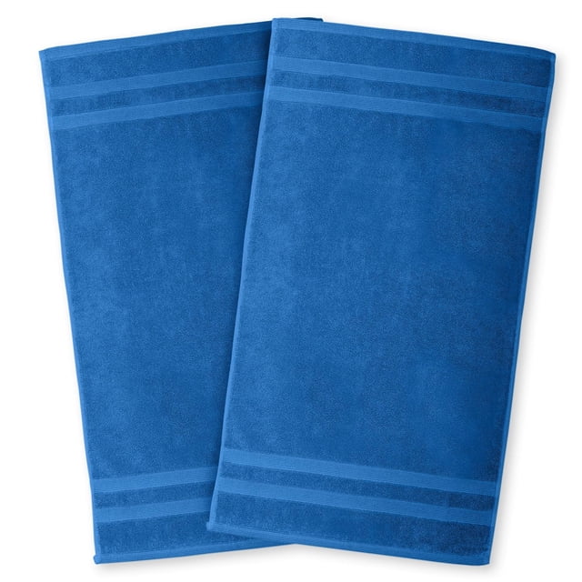 Camelot 2 Piece Bath Mat set 600 GSM Zero Twist Cotton in blue, showing two rectangular bath mats with plush texture and double horizontal stripe detailing near edges, made from absorbent zero twist cotton loops for softness and durability, suitable for bathroom or poolside use.
