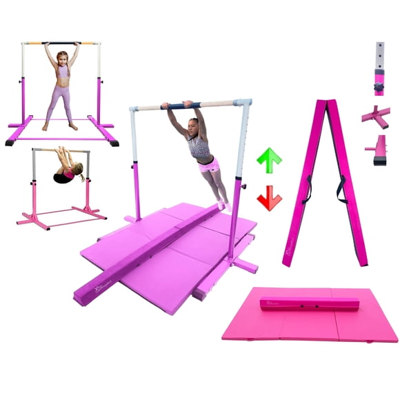 GymPro Barre de Gymnastique à Domicile 3 en 1 Ensemble de Barre Kip Horizontale pour Enfants, Barre de Gymnastique à Hauteur Réglable de 3 à 5 Pi avec Tapis de Gymnastique 6'x4' et Poutre d'Équilibre en Suède, Barre d'Entraînement Kip pour Gymnastes Juniors Rose