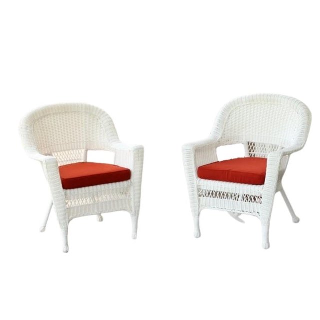 Jeco Chaise en Osier Blanche avec Coussin Rouge (Ensemble de 4)