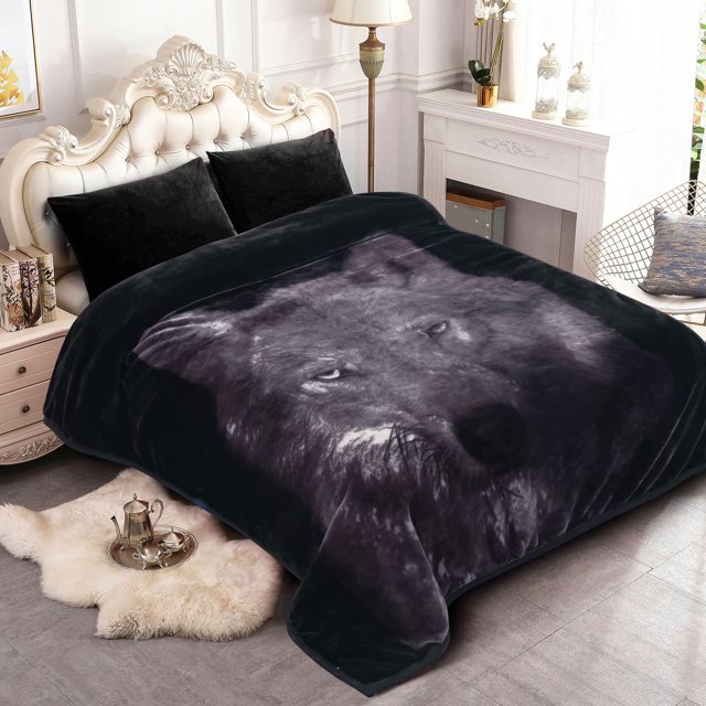 Couverture en Vison Coréen, 2 Plis Imprimée Douce et Chaude pour Automne, Hiver - King, Wolf-2