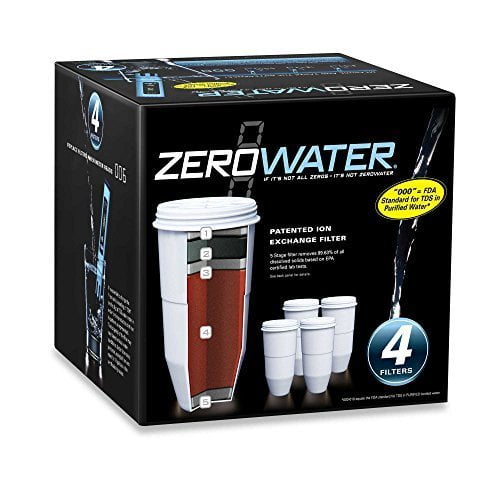 ZeroWater COMIN18JU005266 Cartouches de Filtre de Remplacement Lot de 4 ZR-004, Emballage de Base Présenté dans Son Emballage de Marque. la Boîte Met l'Accent sur la Technologie d'Échange d'Ions Brevetée et la filtration en Cinq Étapes pour une Eau Plus Propre et au Meilleur Goût. Comprend Quatre Filtres à Eau de Remplacement Certifiés NSF Compatibles avec Tous les Pichets et Distributeurs ZeroWater.