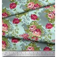 thumbnail image 2 of Soimoi Green polyester Crepe Fabric Leaves & Grandiflora Roses Floral Decor Fabric Printed Yard 52 Inch Wide, 2 of 5