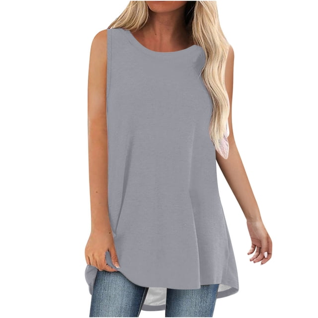 Timegard Débardeurs Longs pour Femmes Col Rond Sans Manches Couleur Unie Décontracté Ample Haut T-Shirts Basiques Blouse