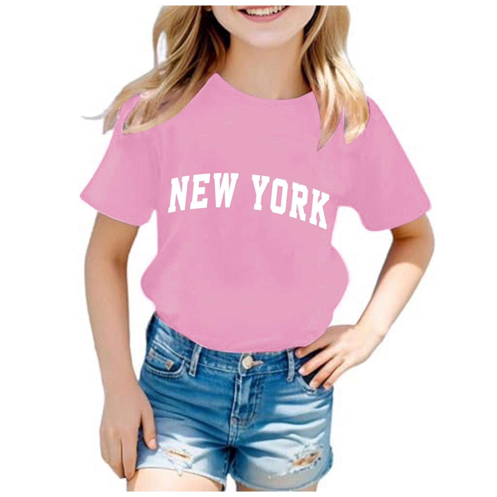 PMVFHDE T-Shirt d'Été à Manches Courtes Col Rond Imprimé Graphique Mignon pour Filles - Hauts Décontractés Respirants pour Enfants Rose, 13-14 Ans