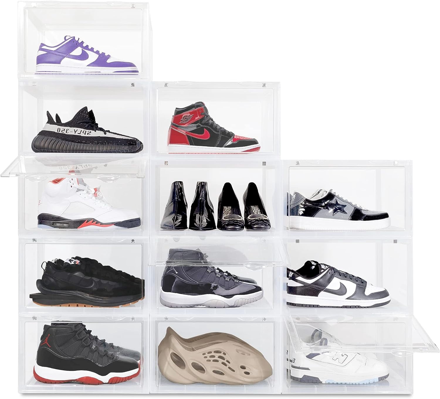OLLIE TG Boîtes de Rangement pour Chaussures – Organisateur de Rangement pour Chaussures Pliable et Empilable pour Garde-Robe – Transparent Rigide jusqu'à Taille 13 – Contenants de Rangement en Acrylique pour Chaussures pour Jordan, Espadrilles, Bottes (Lot de 12, Transparent)