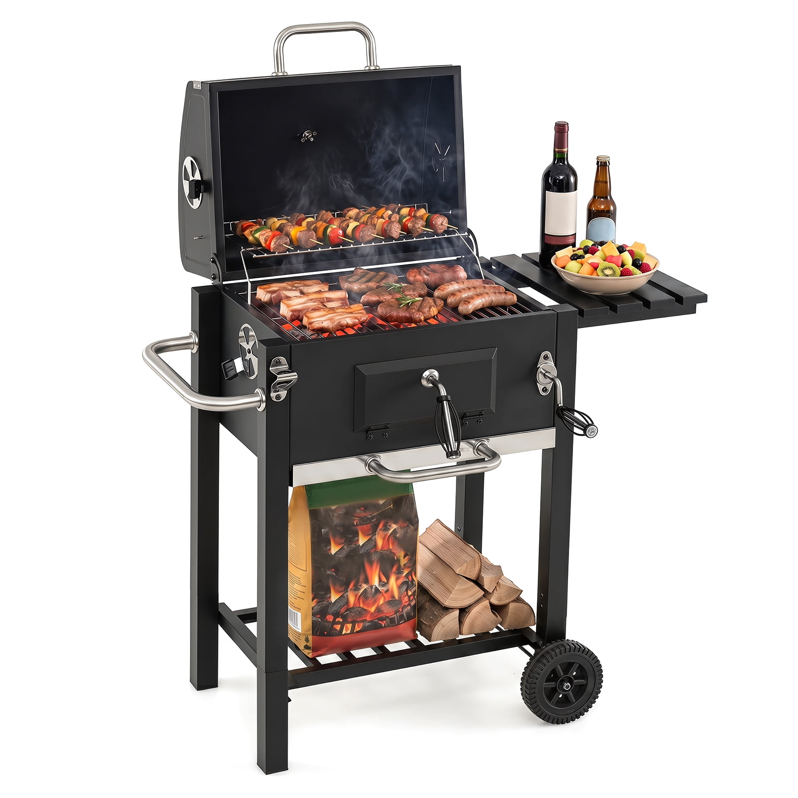 Gymax Charcoal Grill w/ Wheels Portable BBQ Grill w/ Adjustable Charcoal Tray
