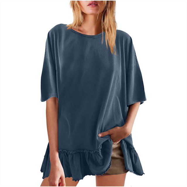 Plebaso Womens Oversized T Shirts Ruffle Hem Short Sleeve Tee Shirts Loose Casual Crew Neck Summer Tops