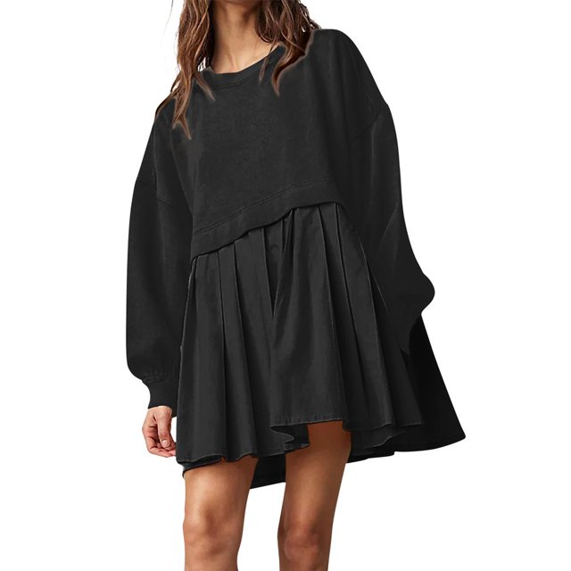 Womens Oversized Sweatshirt Dress Long Flowy Patchwork Pullover Tops Cute Drop Shoulder Sweatshirts Fall Long Sleeve Mini Dress Teen Girls Crewneck Solid Tunic Pleated Loose Clothing Beig